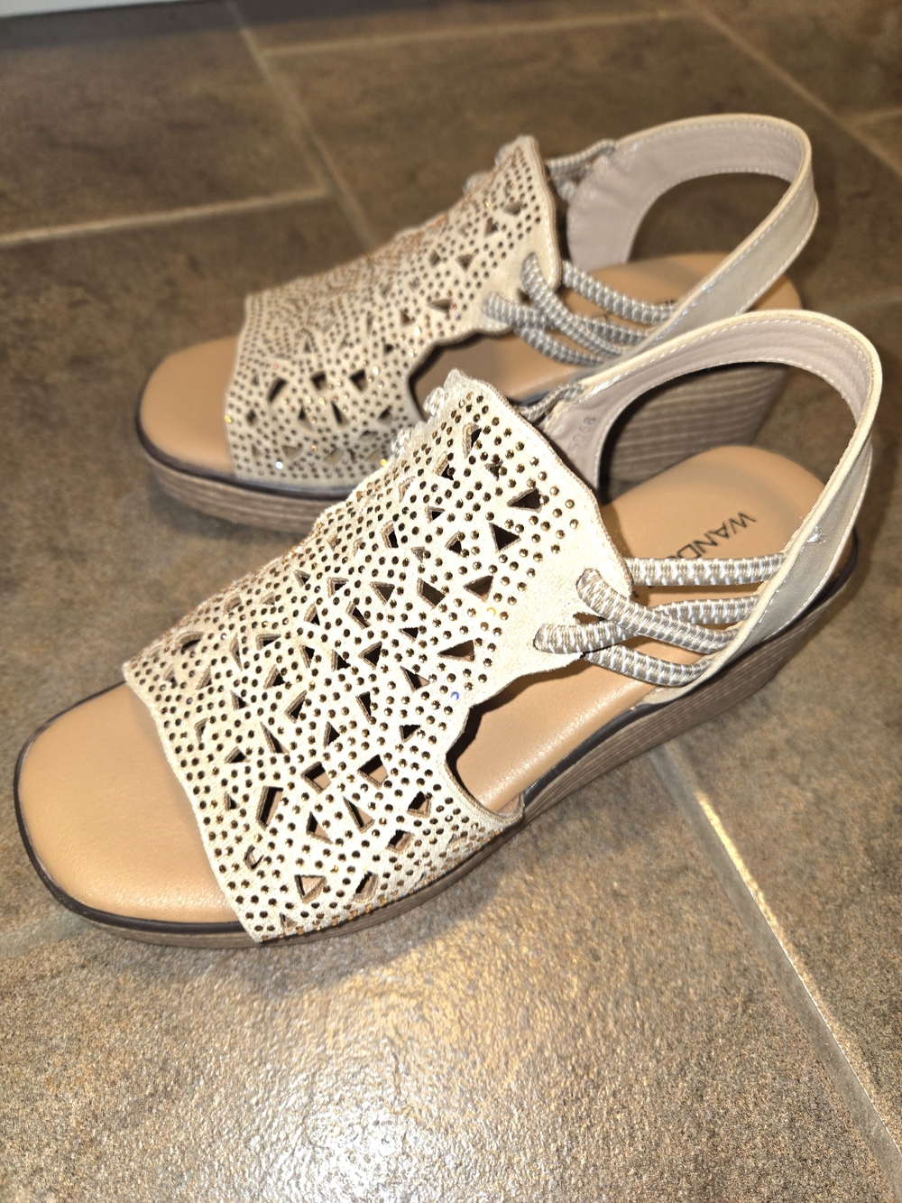 Wanderlust Laser-Cut Slingback Wedge Sandals in Light Beige With Rhinestones